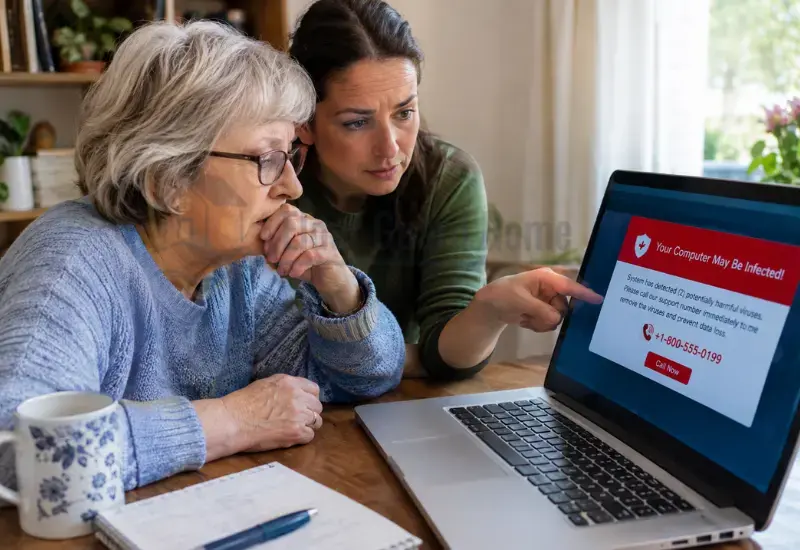 Older adult reviewing a suspicious fake virus warning on a computer with a caregiver