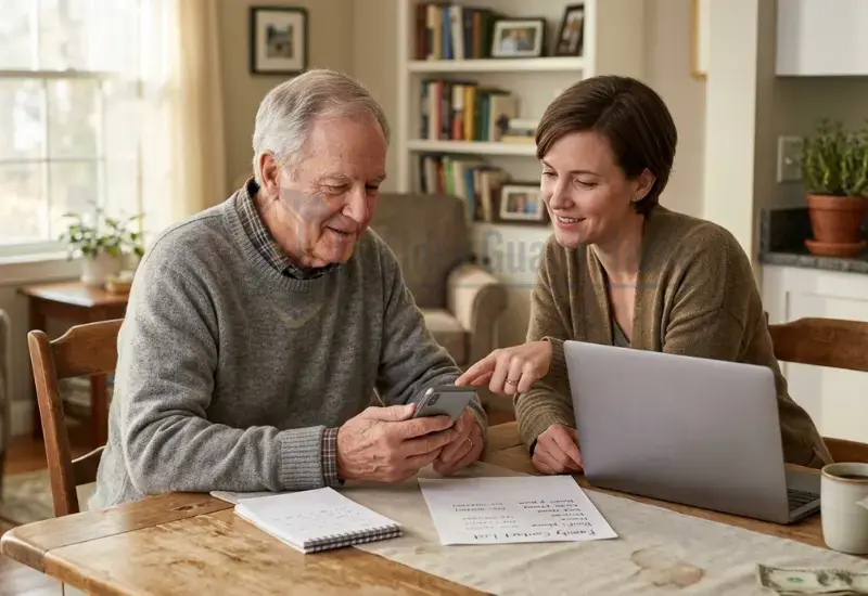 Family member helping an older parent set up safer phone and account habits