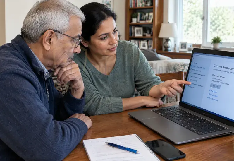 Daughter helping elderly parent secure a laptop after a remote access scam