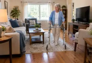 Older woman using a walker in a safely arranged living room with clear walking paths