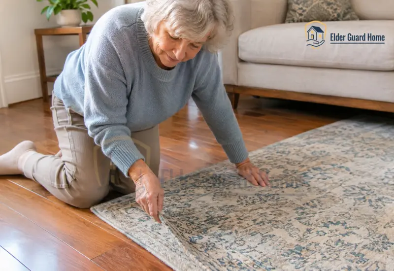 how to make a rug safe for an elderly parent - Older woman securing a rug on hardwood floor
