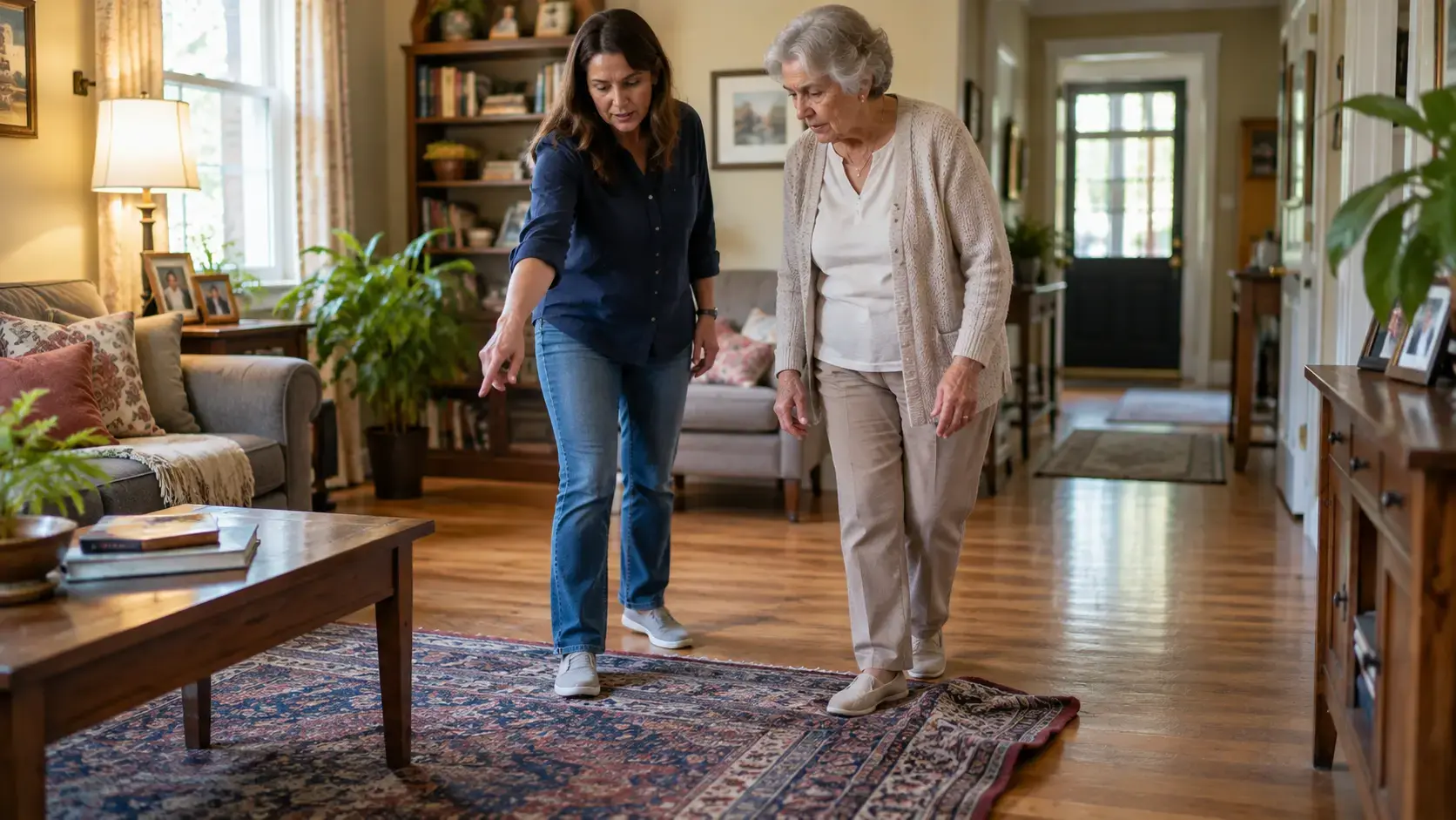 Older adult and caregiver identifying home safety hazards while planning safer aging in place