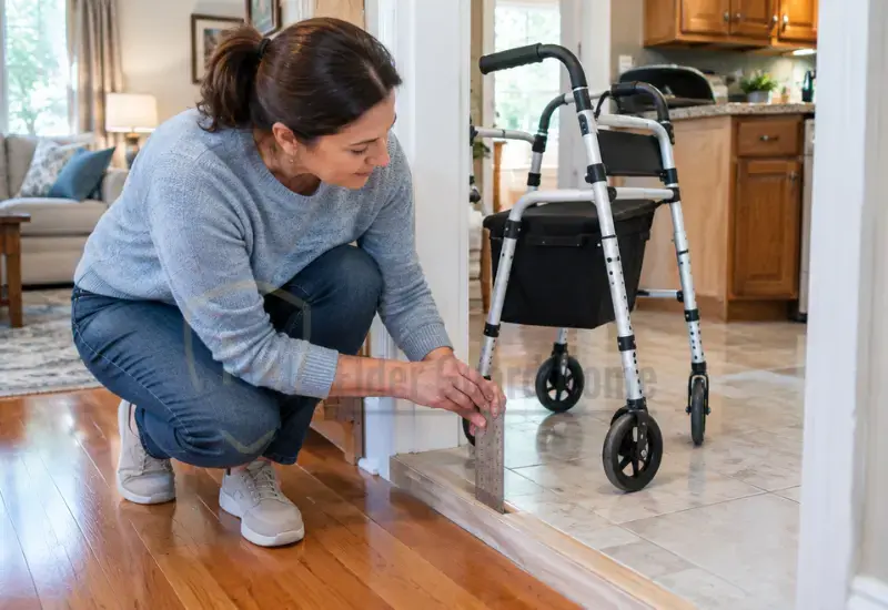 Caregiver measuring the height of a floor transition beside a walker