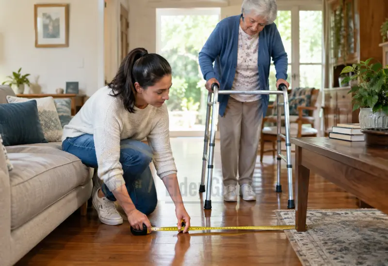 Caregiver measuring clear walker space between living room furniture