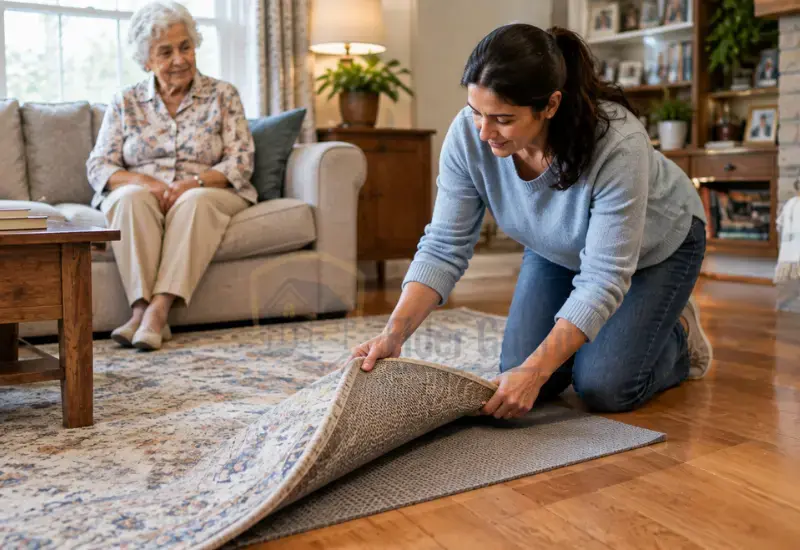 Caregiver placing a non-slip rug pad under an area rug for an older adult
