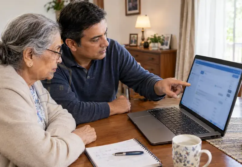 Older woman reviewing her bank account with a caregiver after a tech support scam