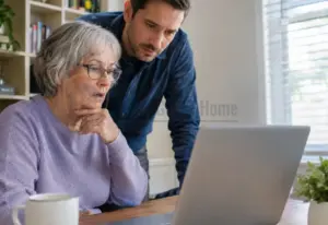 Caregiver helping an elderly parent secure a computer after a remote access scam