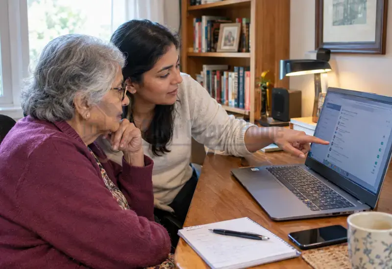 Caregiver helping an older parent remove unauthorized remote access software from a computer