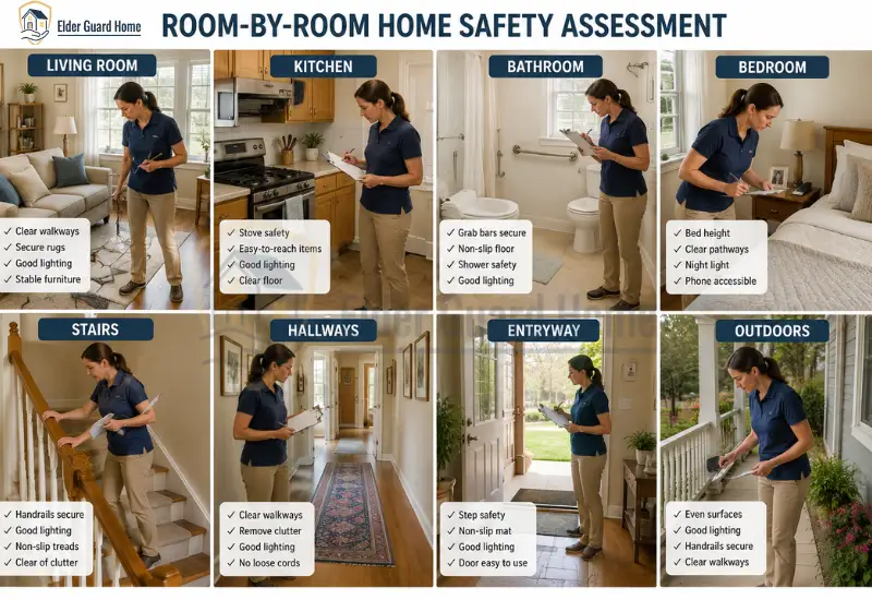 aregiver conducting a room-by-room home safety assessment in a senior’s home