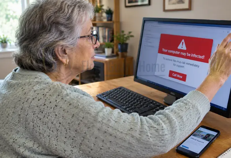 Older woman safely closing a suspicious computer warning while checking trusted support information
