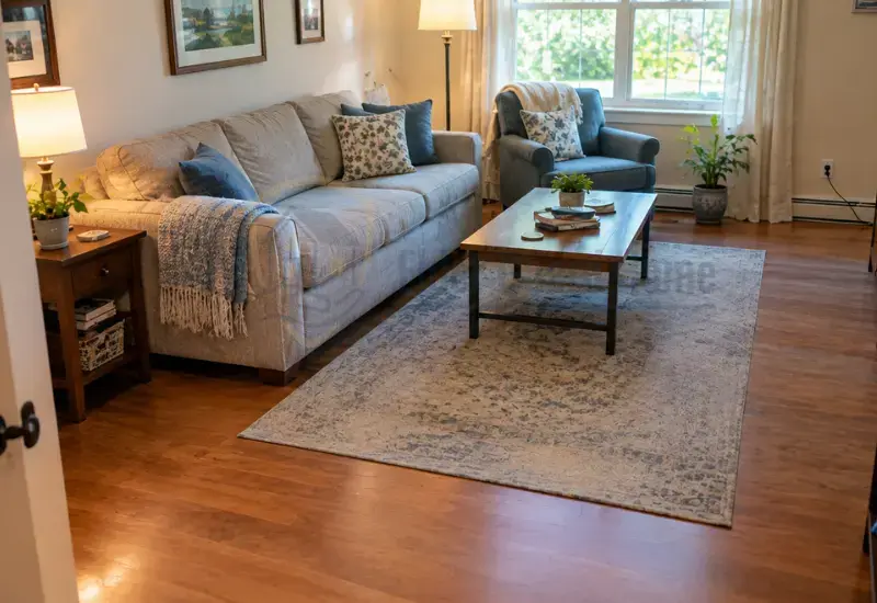 Small living room arranged with a clear path for a senior using a walker