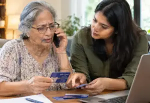 Older woman reviewing gift cards with a caregiver after a suspected tech support scam