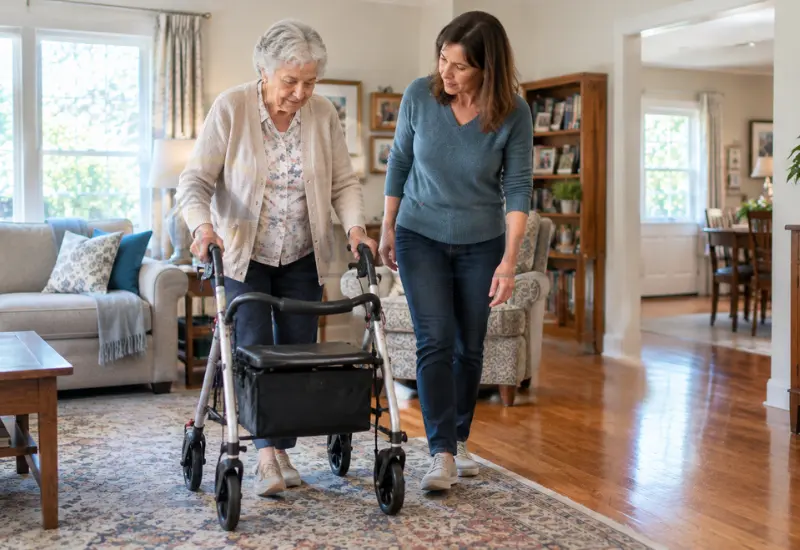 Older woman testing a secured area rug with a rollator walker