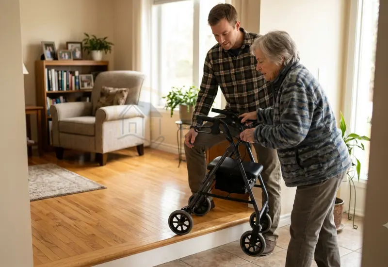 Older adult testing a walker across a floor transition with a caregiver nearby