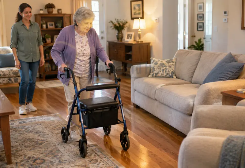Older woman testing a walker-friendly living room furniture layout
