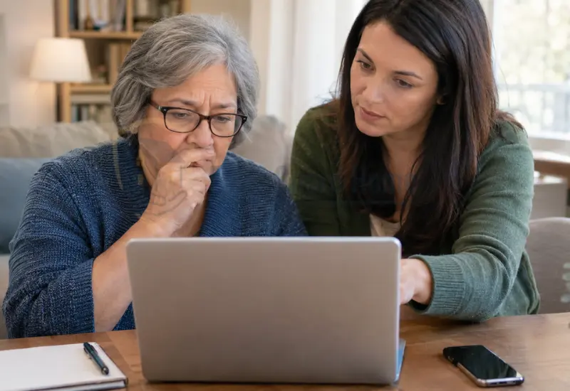 Adult daughter helping an elderly parent respond to a suspected online scam at home