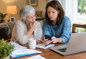 Adult daughter helping an elderly parent respond after sending money to a scammer