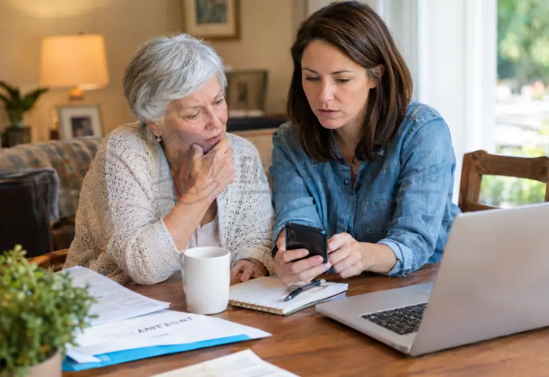 Adult daughter helping an elderly parent respond after sending money to a scammer