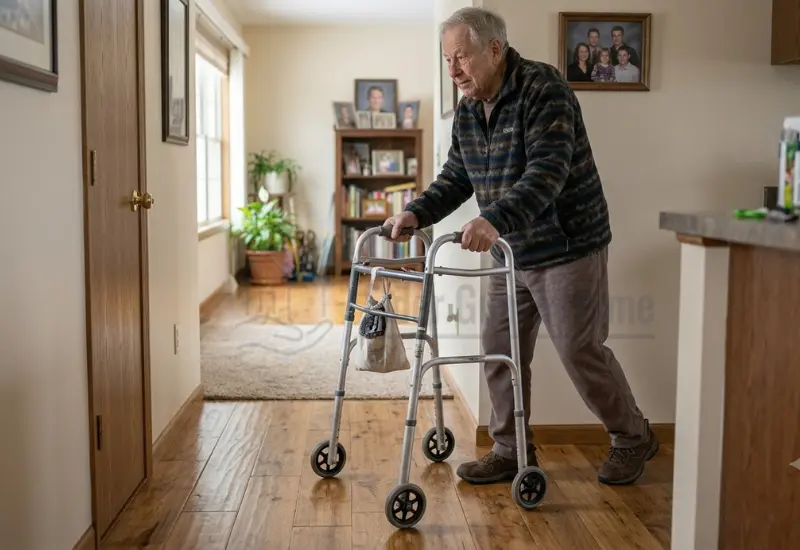 Older adult using a rollator on hardwood flooring in a hallway