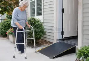 Best Threshold Ramps for Walkers- A walker positioned beside a low-profile threshold ramp at a residential doorway.