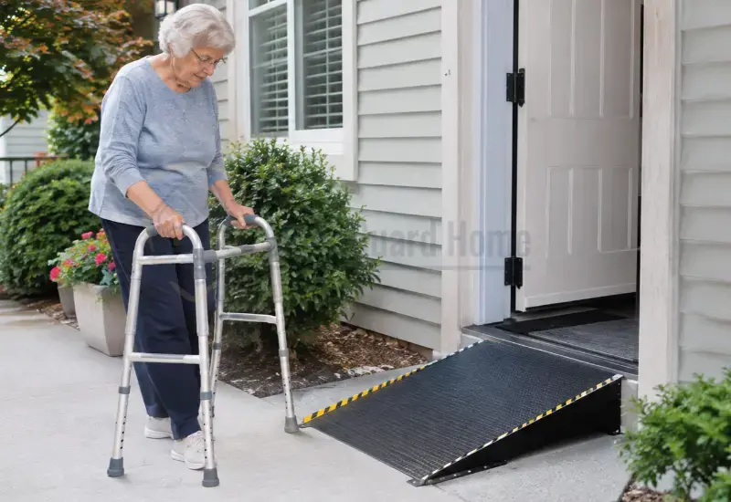 Best Threshold Ramps for Walkers- A walker positioned beside a low-profile threshold ramp at a residential doorway.