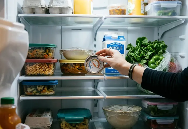 Hand checking a refrigerator thermometer to confirm a safe food storage temperature.