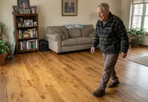 Senior walking safely on hardwood floors with improved traction