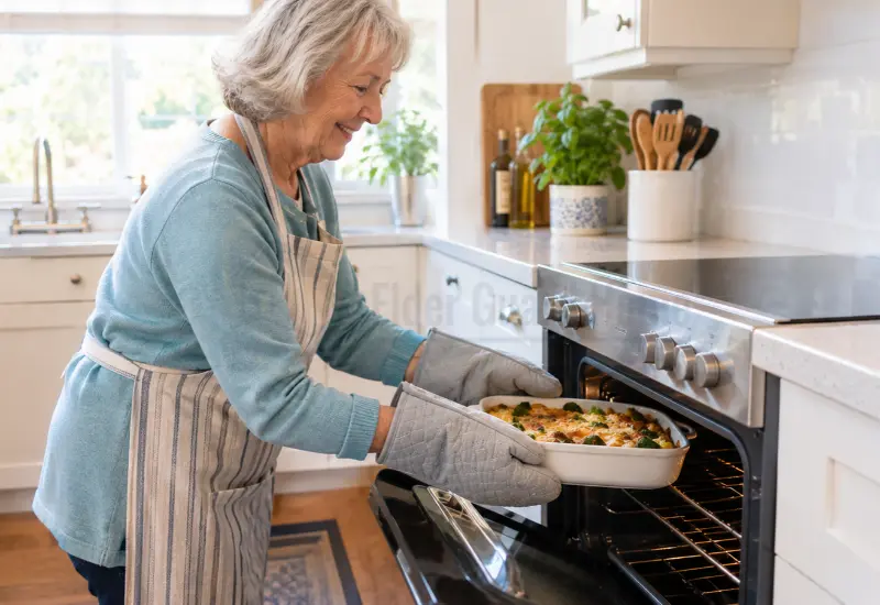 kitchen burn prevention for seniors - Older adult wearing oven mitts while safely handling a hot baking dish in a bright home kitchen.