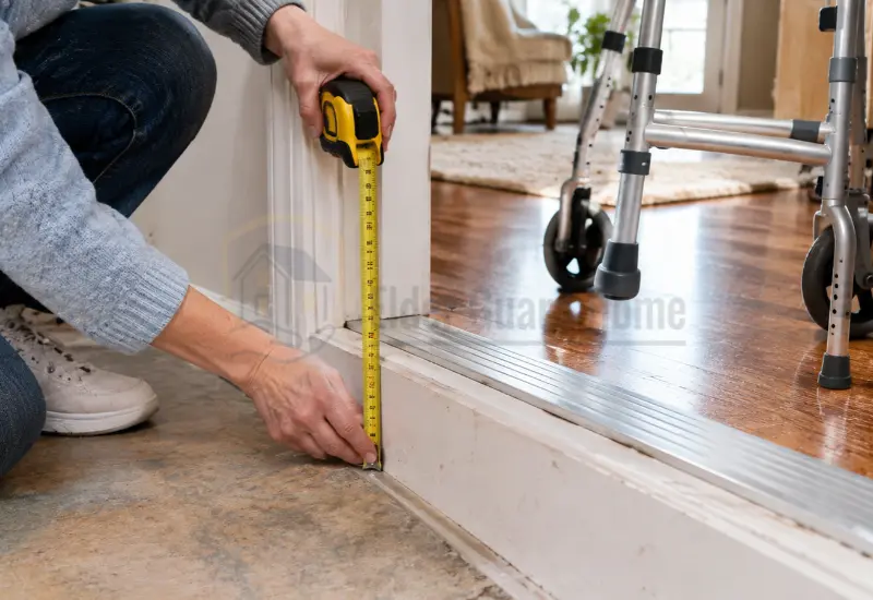 Caregiver measuring doorway threshold height before choosing a ramp for a walker.