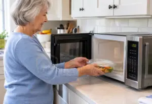 Microwave Safety for Seniors: Older adult safely using a microwave with a microwave-safe bowl on an accessible kitchen counter.