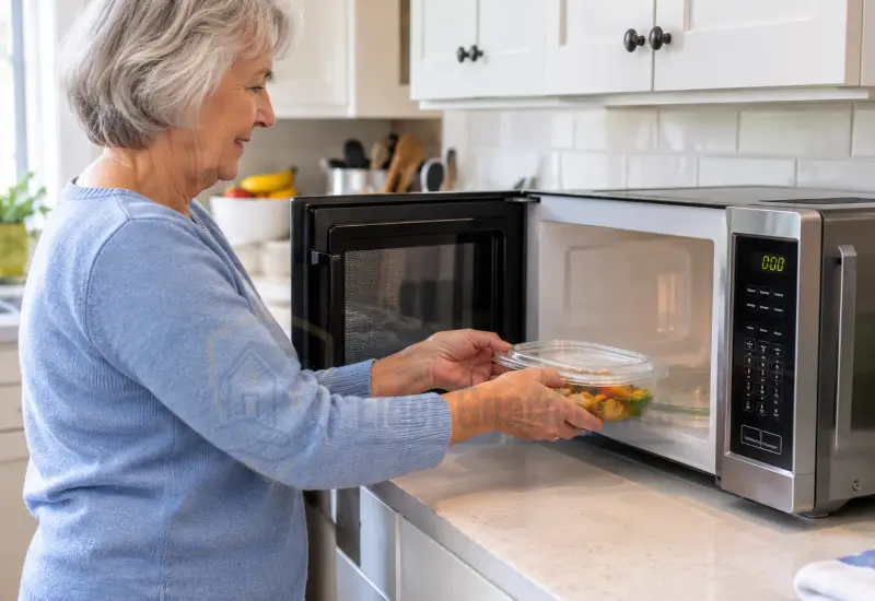 Microwave Safety for Seniors: Older adult safely using a microwave with a microwave-safe bowl on an accessible kitchen counter.