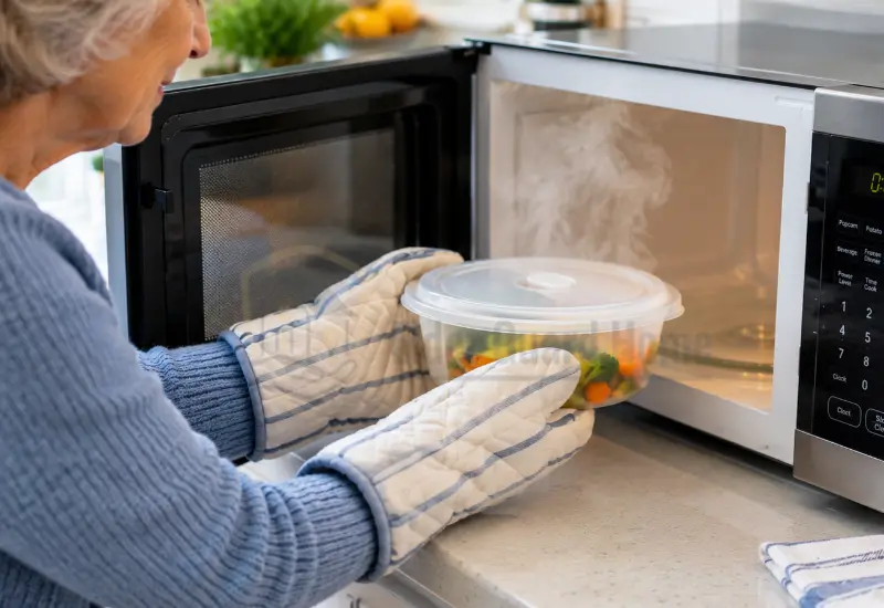 Hands carefully lifting a microwave-safe food cover to release steam away from the body.