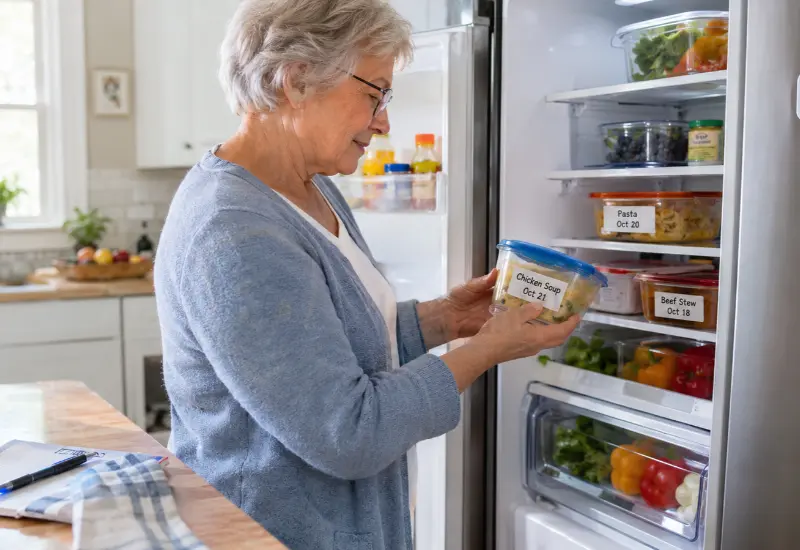 Refrigerator Food Safety for Seniors - Organized refrigerator with dated food containers and a thermometer for safer food storage.