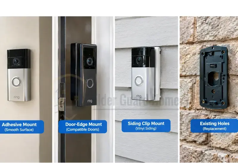 Comparison of an adhesive video doorbell mount for a smooth surface and a door-edge mounting bracket.