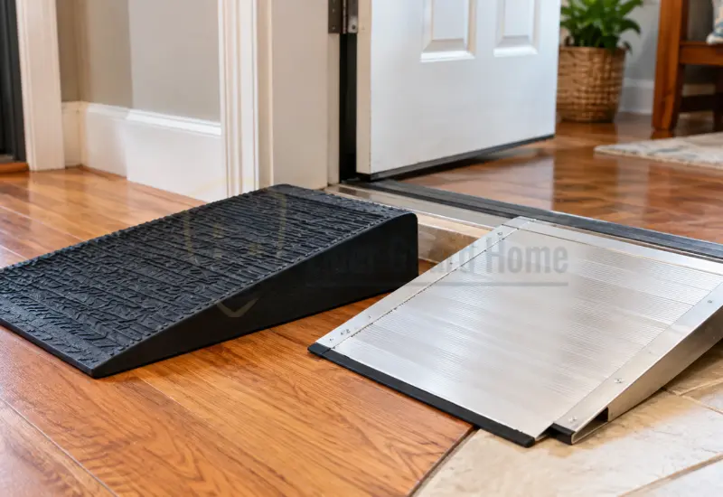 Black rubber and silver aluminum threshold ramps for helping walkers cross doorway transitions.