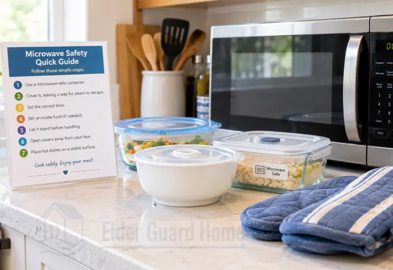 Microwave-safe dishes and a simple large-print instruction card arranged on an accessible kitchen counter.
