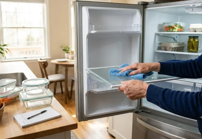 Hands cleaning a refrigerator shelf during a weekly food safety check.
